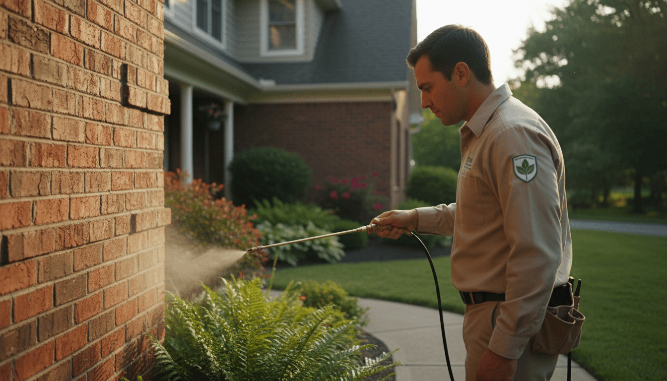 Professional pest control technician treating the exterior of a residential home