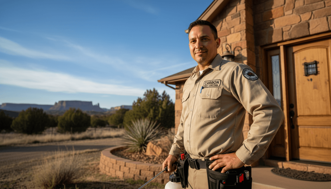 Keith Pest Control technician standing at a residential home in Carbon County, Utah