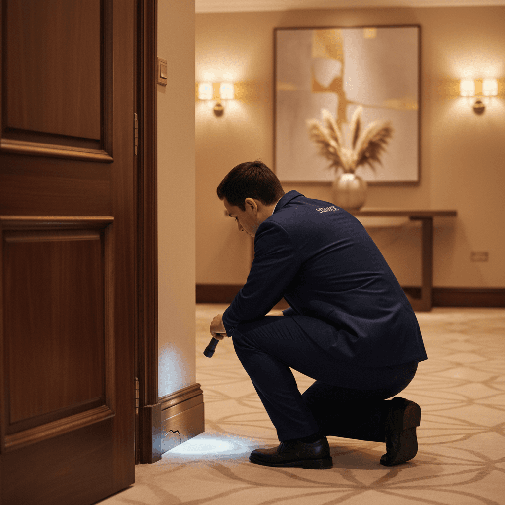 Discreet pest control inspection in hotel hallway