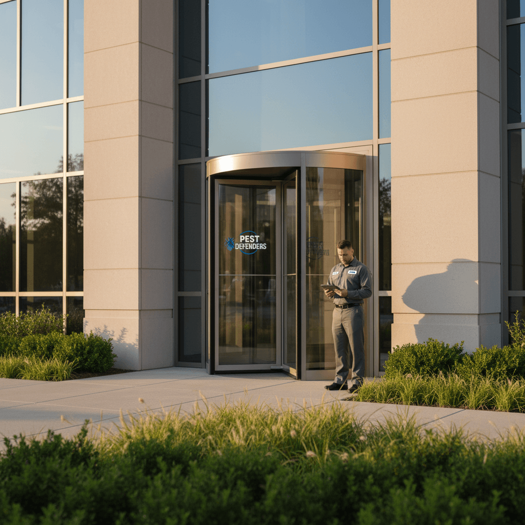 Commercial pest control service at office building entrance