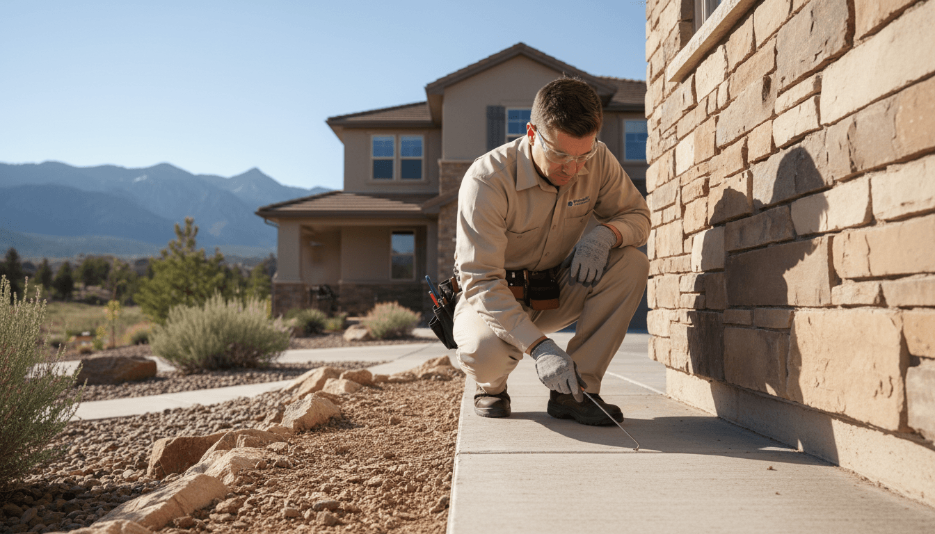 Keith Pest Control technician inspecting home foundation for pest activity