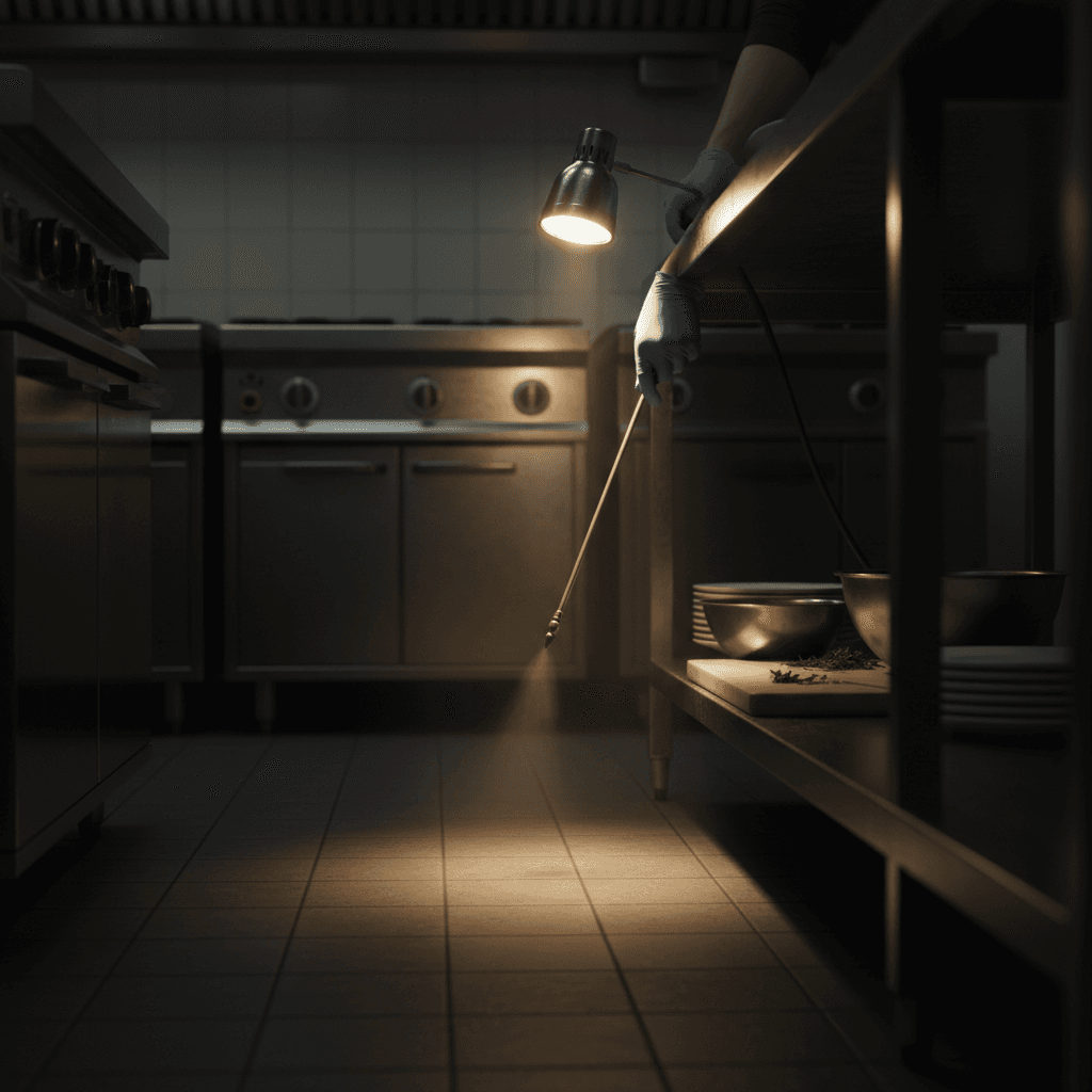 Commercial pest control treatment in restaurant kitchen