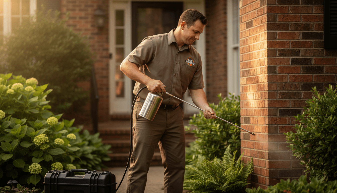 Pest control technician applying treatment to residential home foundation